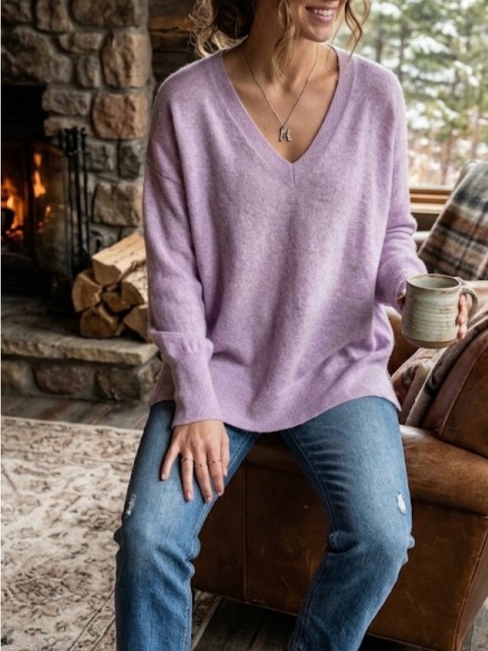 Halogen cashmere oversized v-neck sweater lavender, large